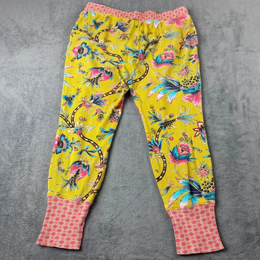Sundance Women Large Pajama Set Yellow Floral Waffle Knit Cotton Henley Joggers